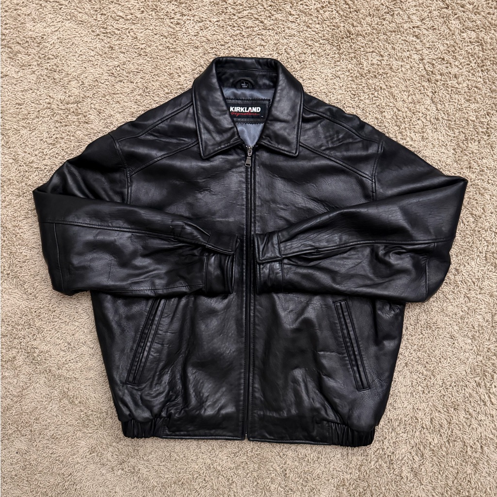 Mens Black Leather Lambskin Soft Bomber Jacket Kirkland Lined Size Large
